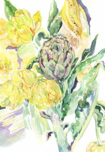 Flower Piece Artichoke and Yellow Tulips - Daria Galinski